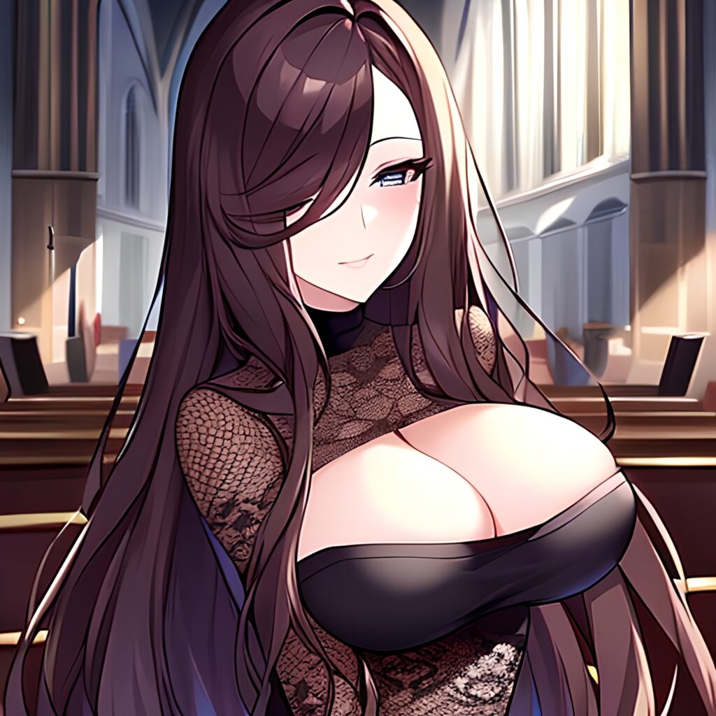 brunette church messy hair long hair fishnet woman