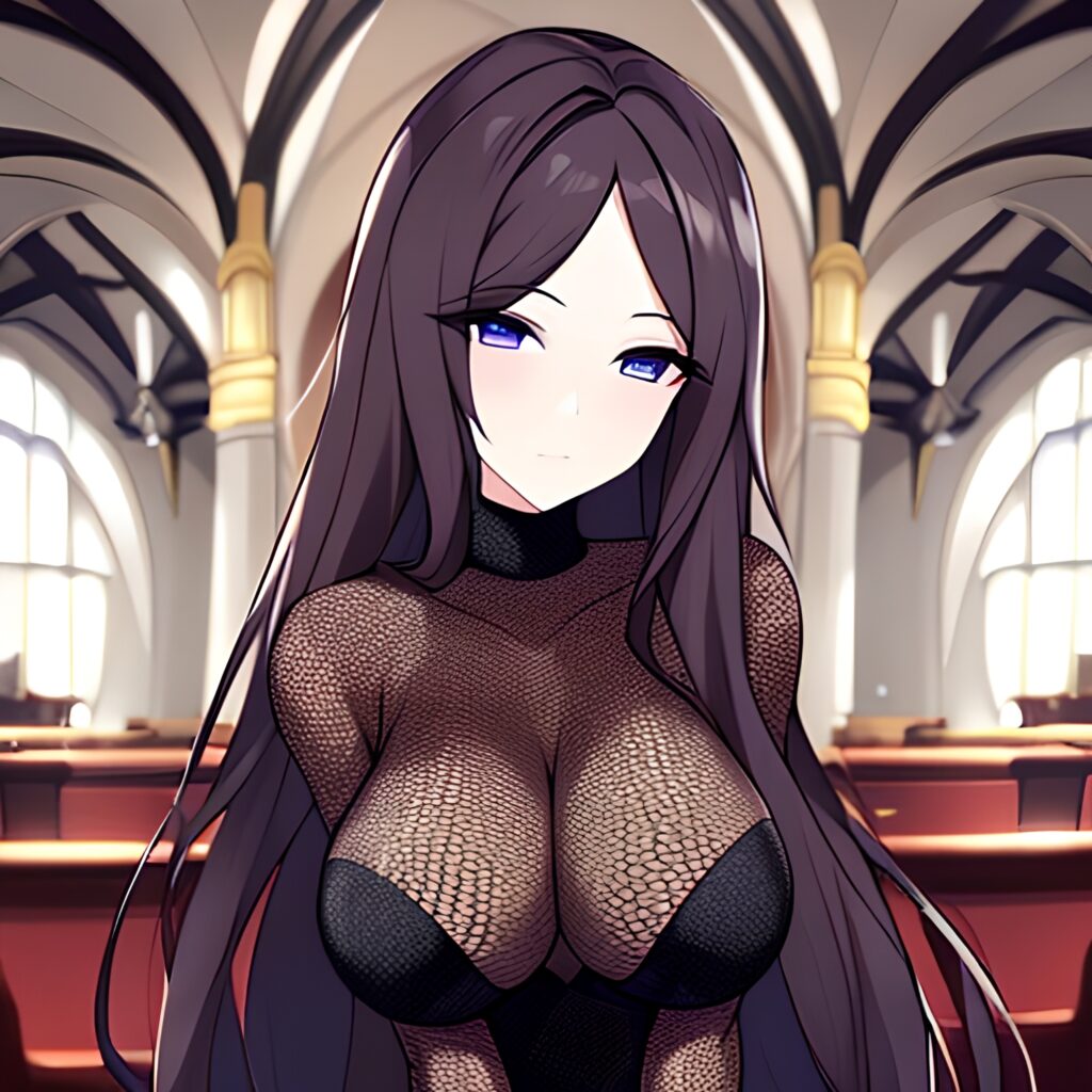 brunette church messy hair long hair woman fishnet 