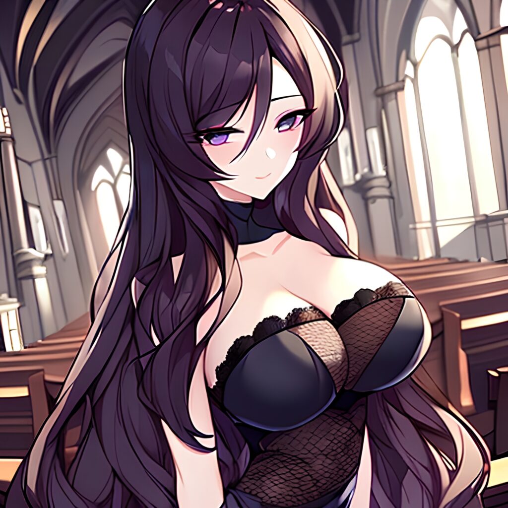 brunette church messy hair long hair woman fishnet
