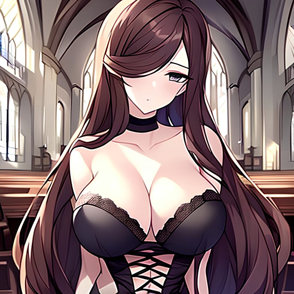 brunette church messy hair long hair woman fishnet