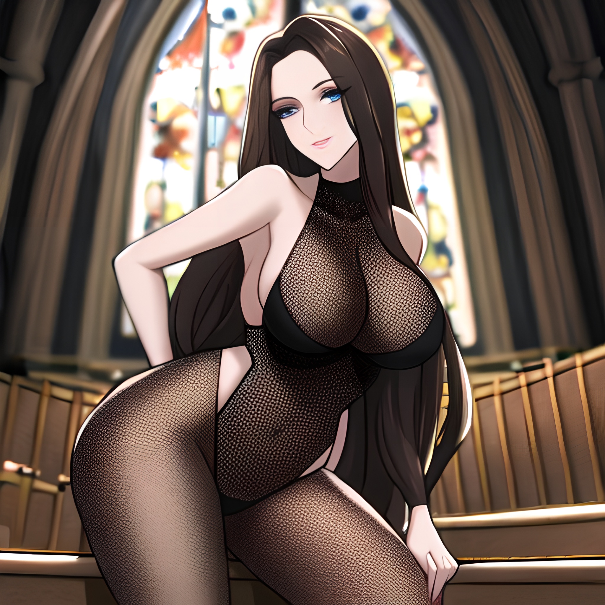 brunette church messy hair woman fishnet long hair 