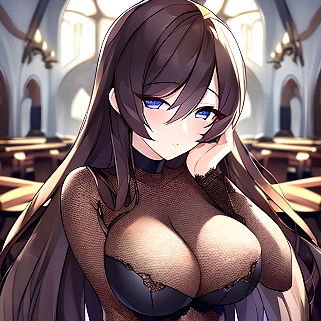 brunette church messy hair woman fishnet long hair 