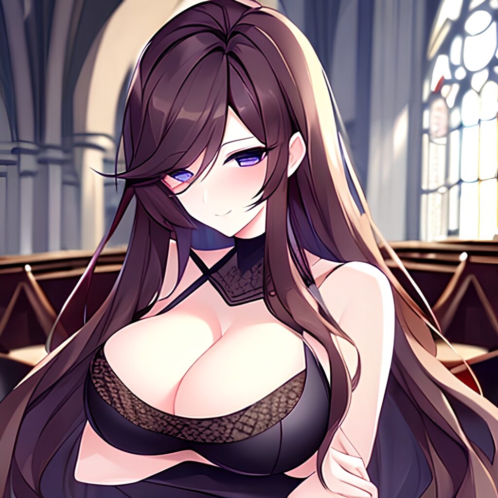 brunette church messy hair woman fishnet long hair 