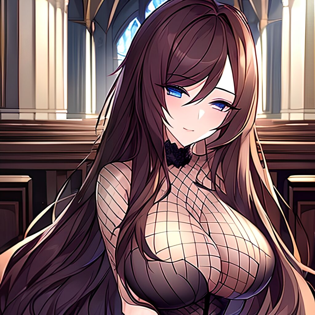 brunette church messy hair woman fishnet long hair 