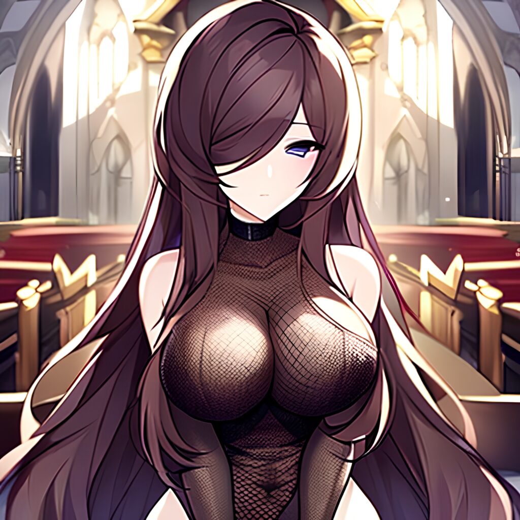 brunette church messy hair woman long hair fishnet 