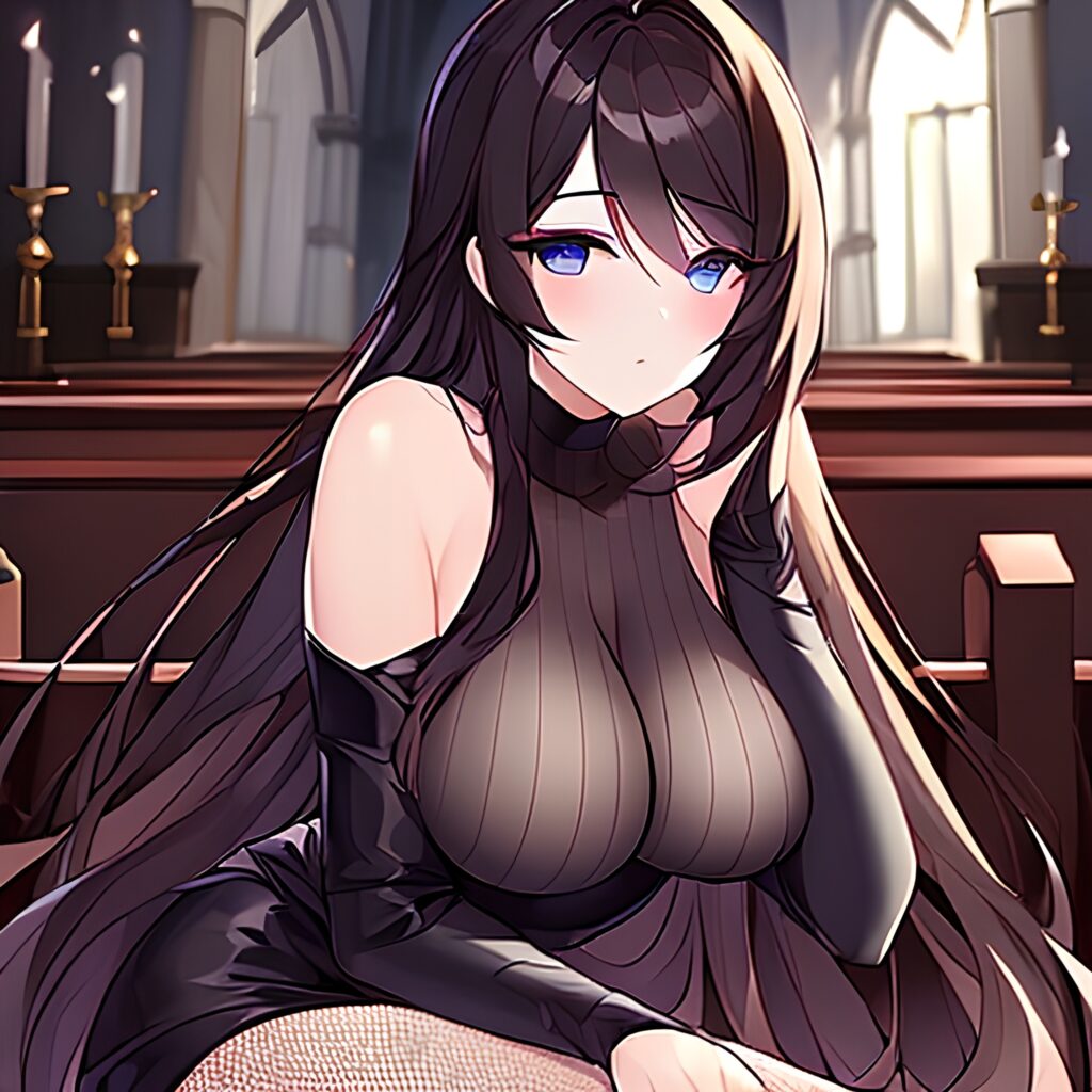 brunette church messy hair woman long hair fishnet 