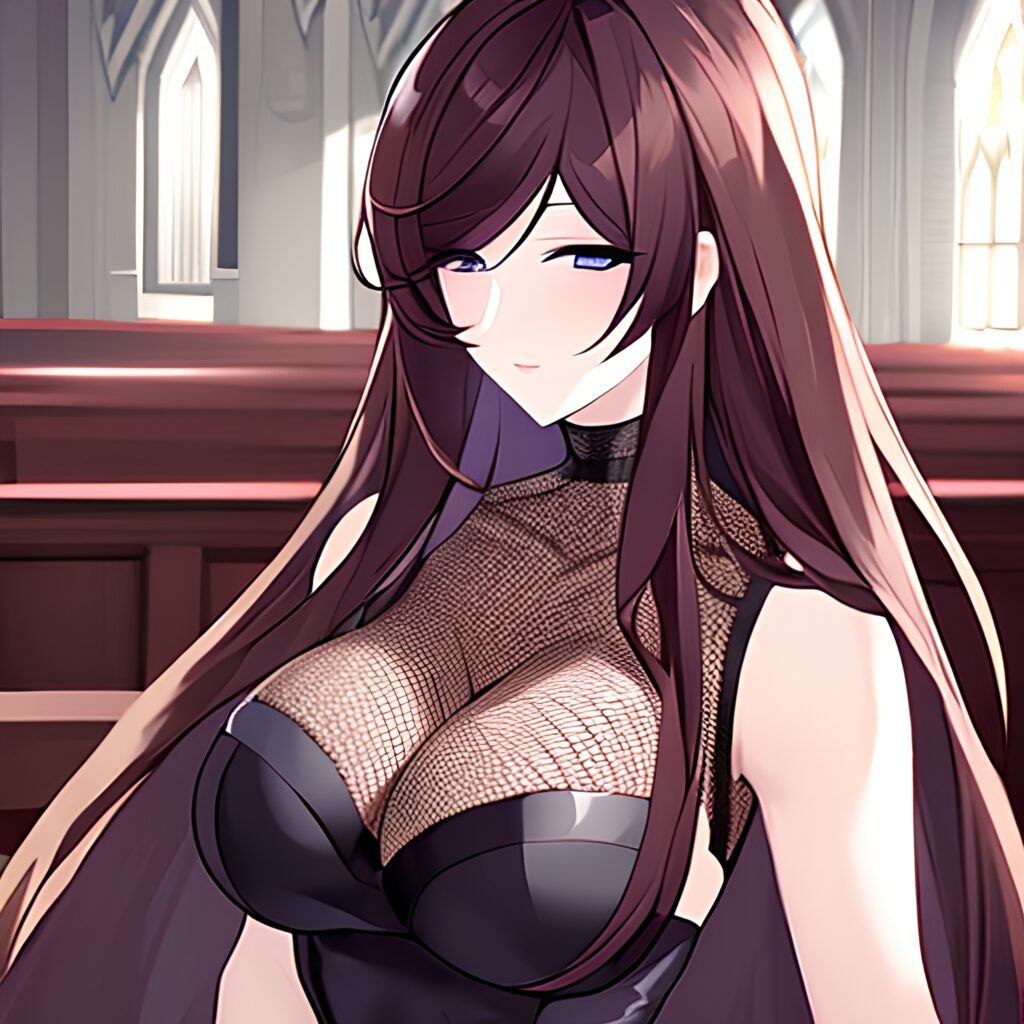 brunette church woman fishnet long hair messy hair 