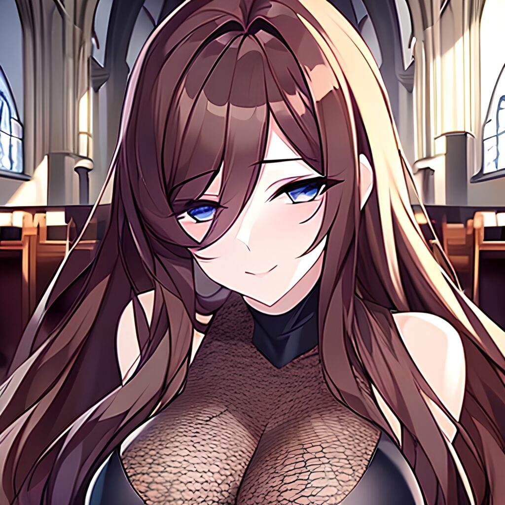 brunette church woman fishnet long hair messy hair 