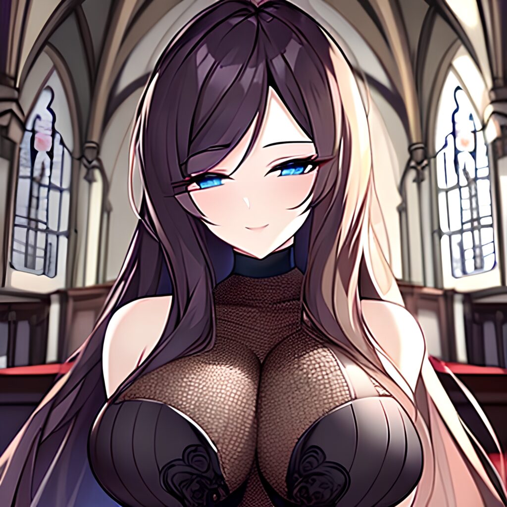 brunette church woman fishnet long hair messy hair 