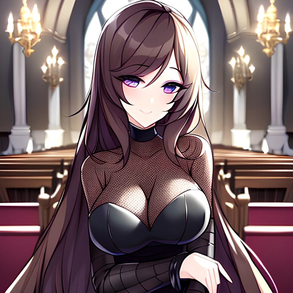 brunette church woman fishnet long hair messy hair