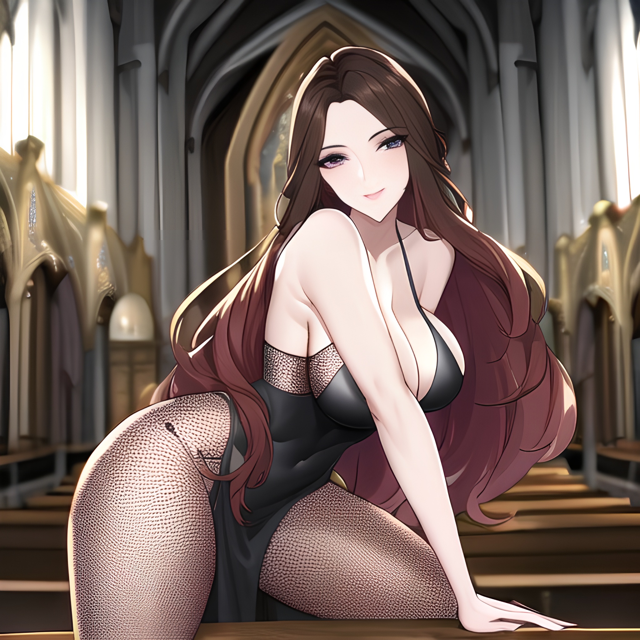 brunette church woman fishnet long hair messy hair 