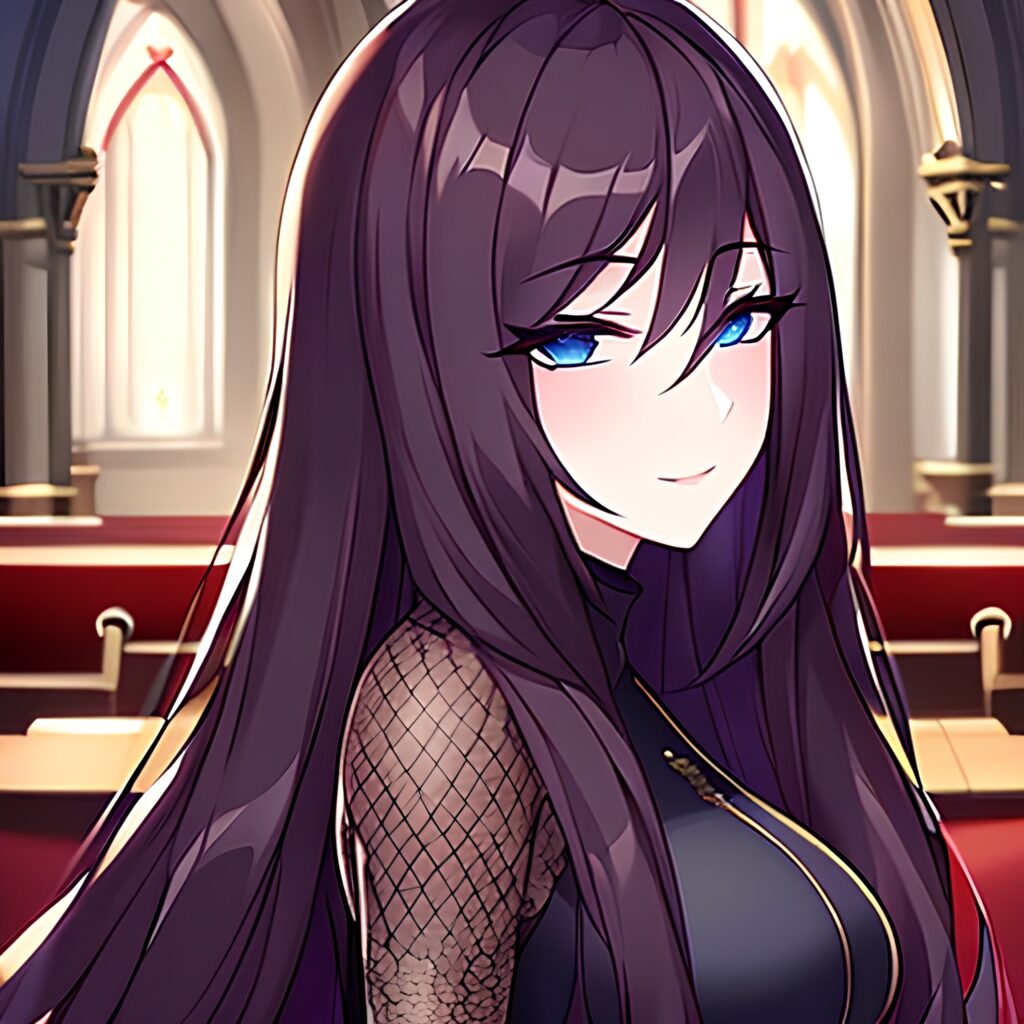 brunette church woman fishnet long hair messy hair