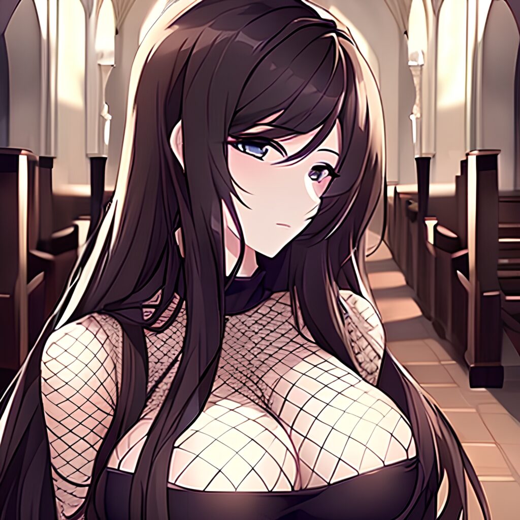 brunette church woman fishnet messy hair long hair 