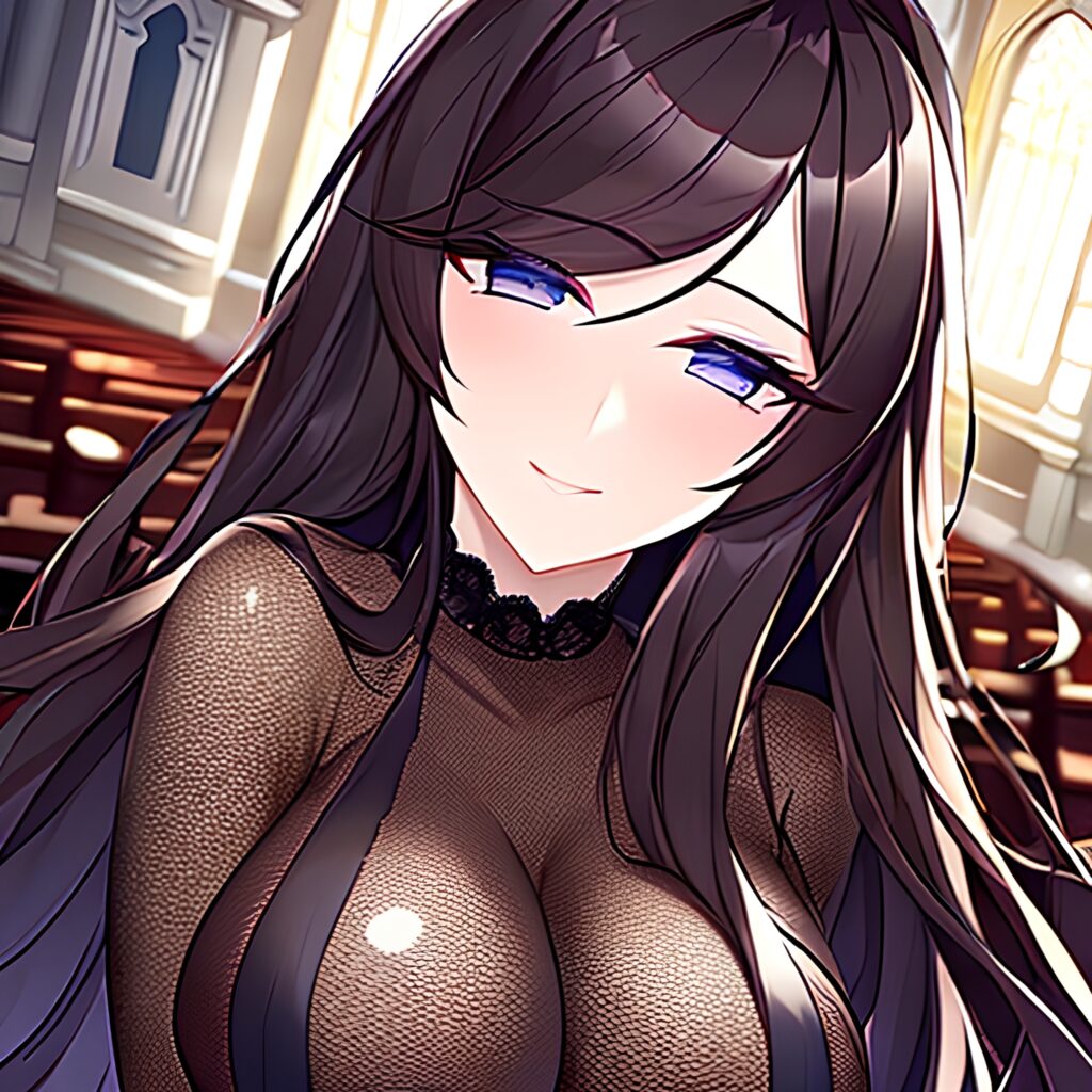 brunette church woman fishnet messy hair long hair 
