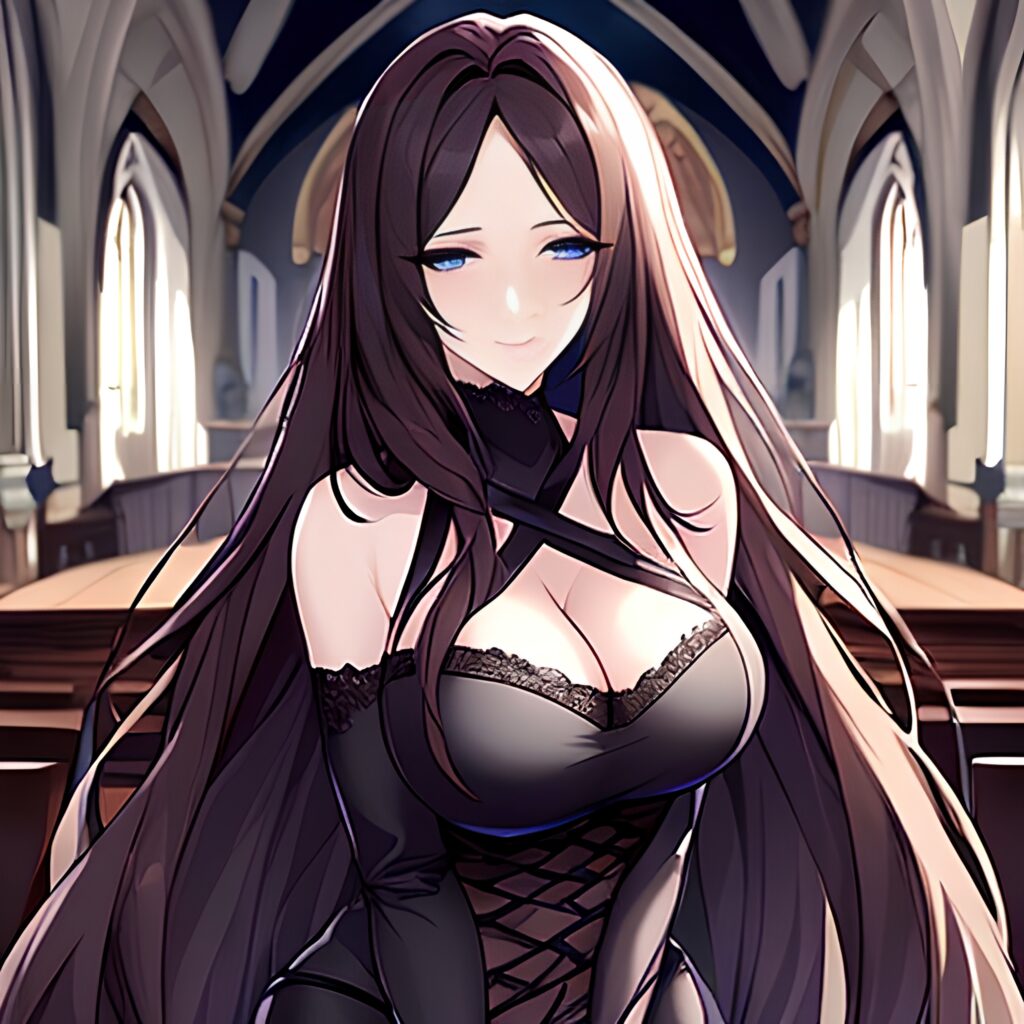 brunette church woman long hair fishnet messy hair 