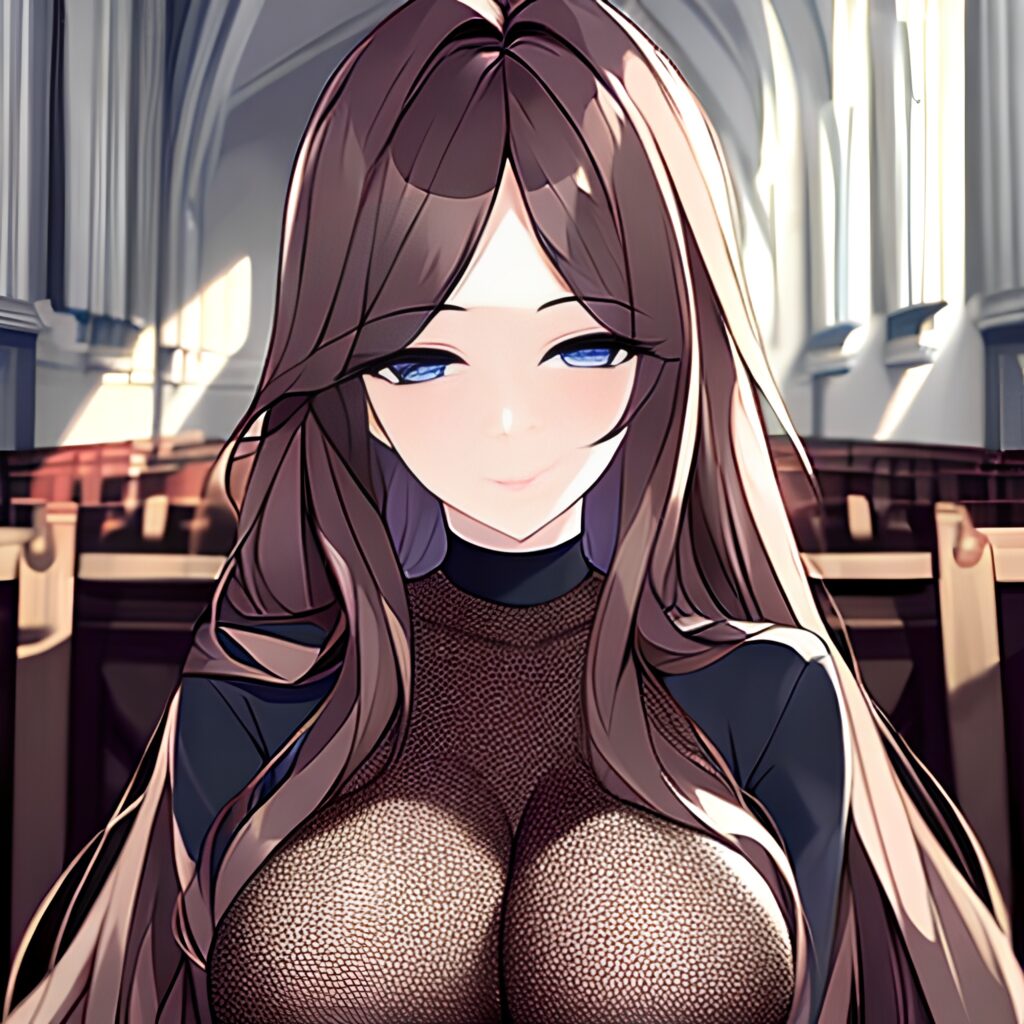 brunette church woman long hair fishnet messy hair