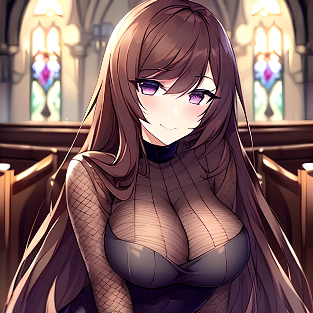 brunette church woman long hair fishnet messy hair