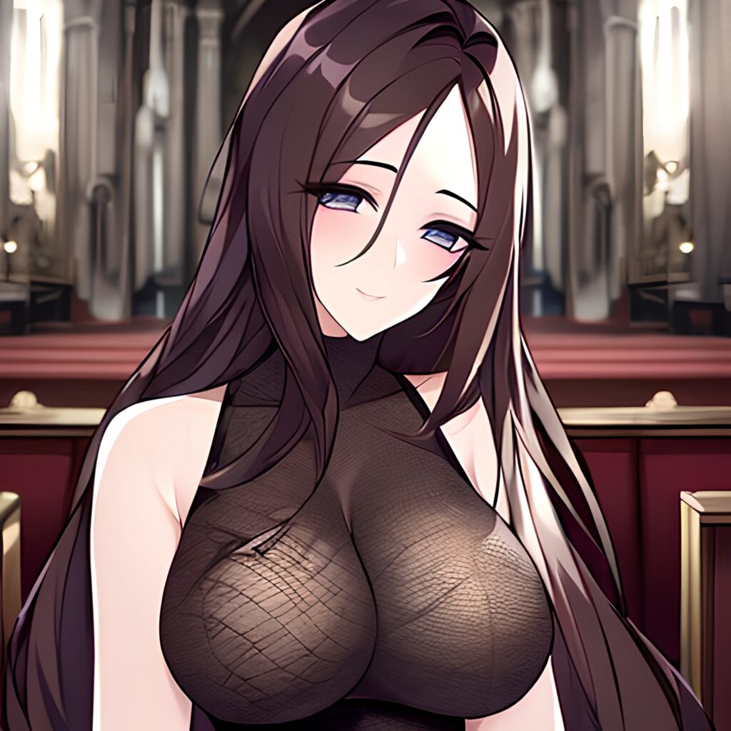 brunette church woman long hair fishnet messy hair 