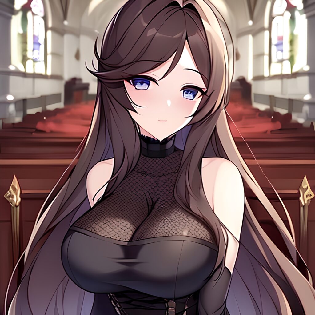 brunette church woman long hair messy hair fishnet 