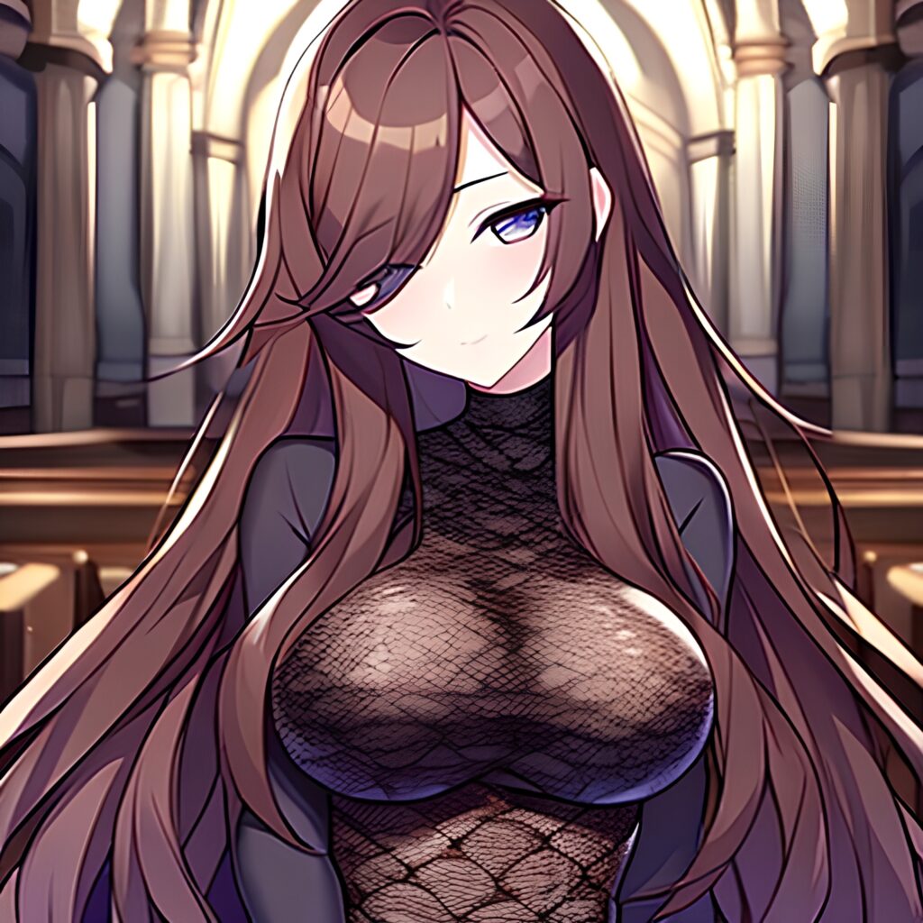 brunette church woman long hair messy hair fishnet