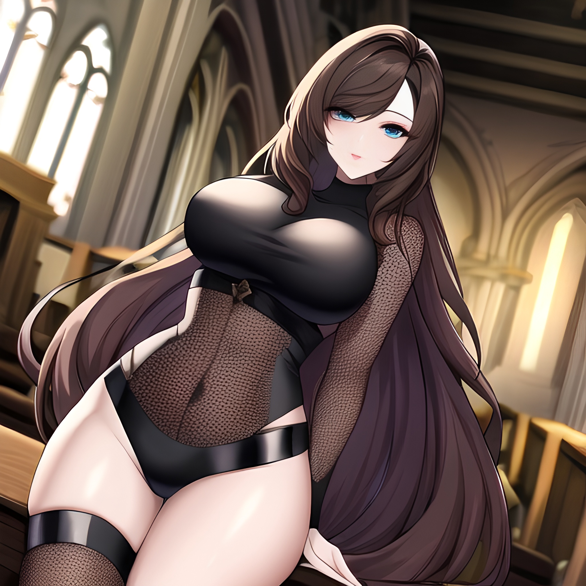 brunette church woman long hair messy hair fishnet 