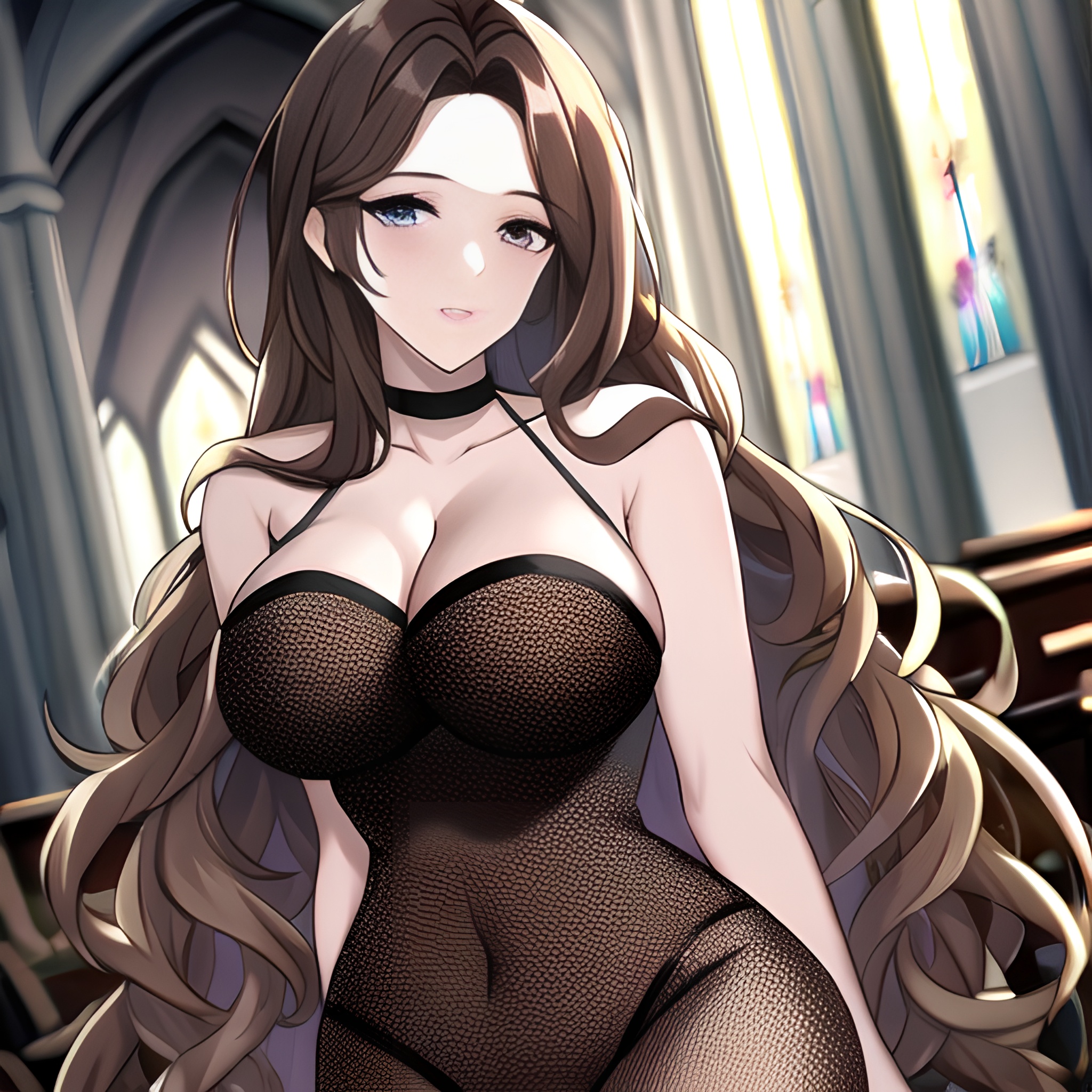 brunette church woman long hair messy hair fishnet