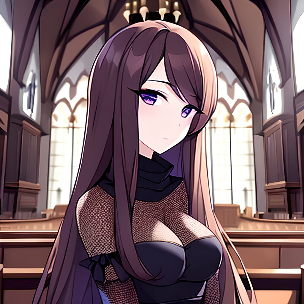brunette church woman long hair messy hair fishnet 
