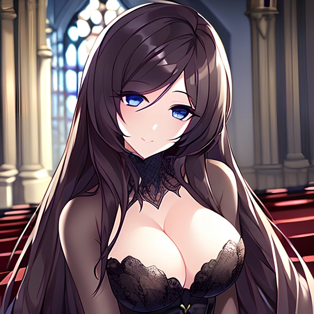 brunette church woman long hair messy hair fishnet