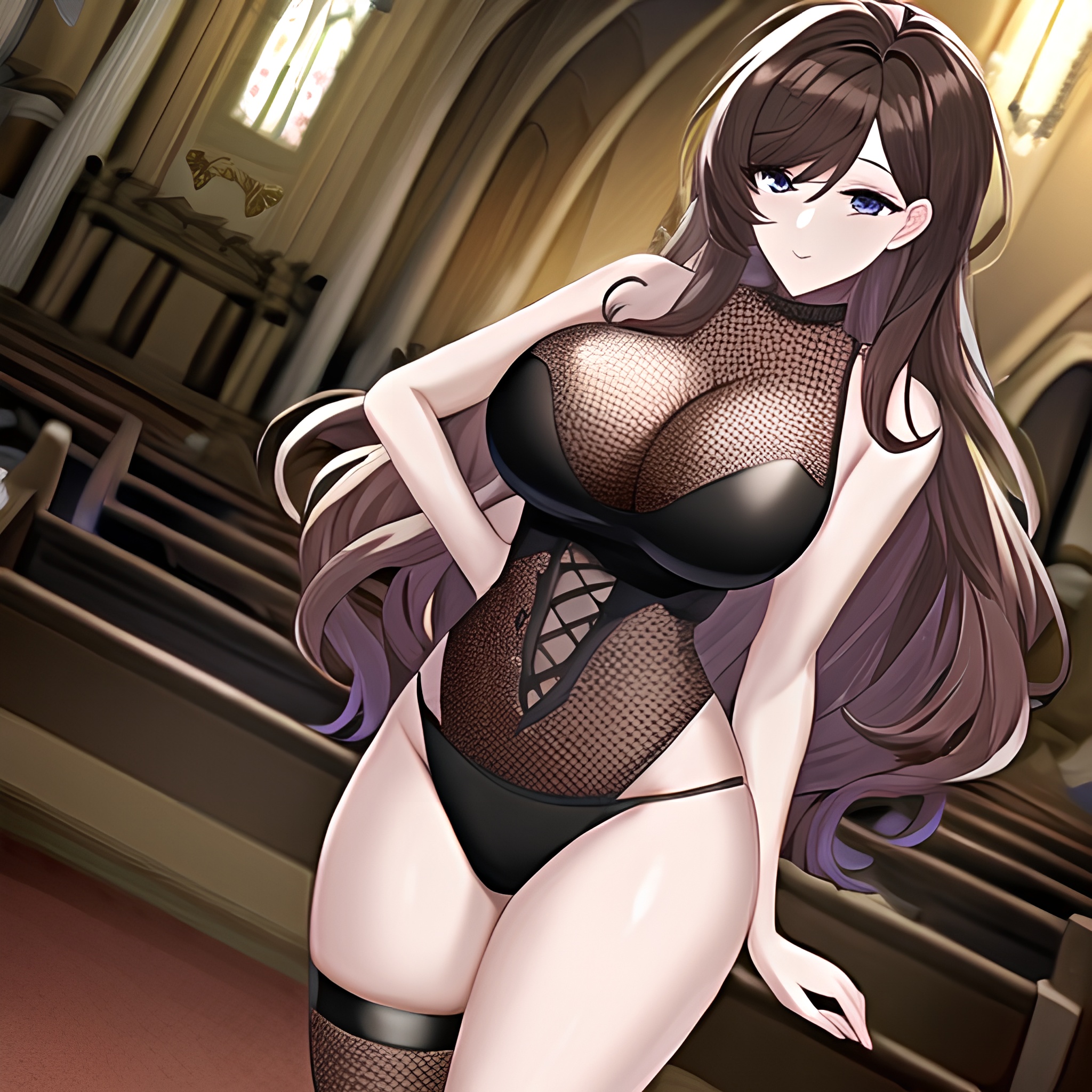 brunette church woman messy hair fishnet long hair 