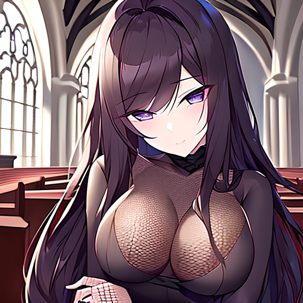 brunette church woman messy hair fishnet long hair 