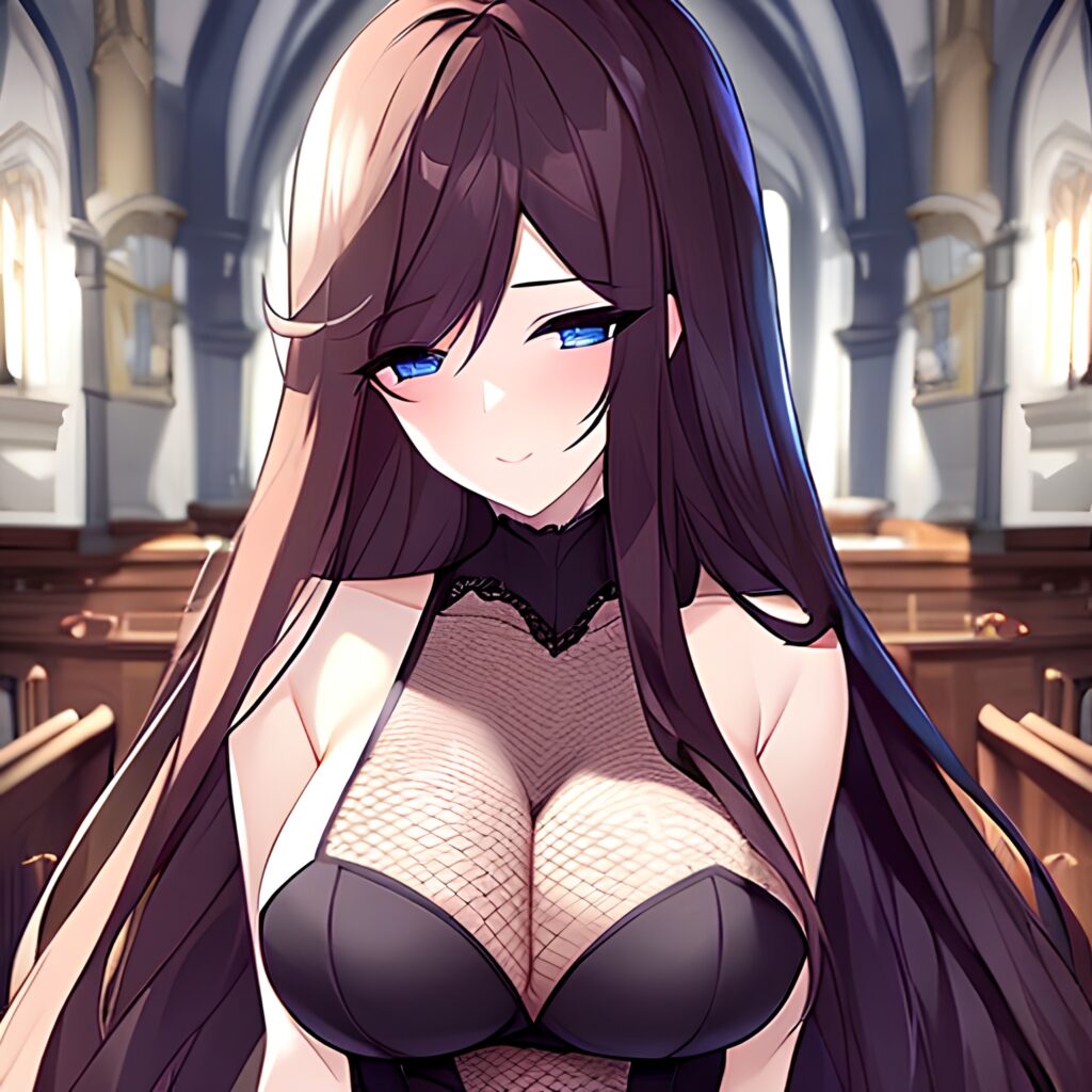 brunette church woman messy hair fishnet long hair 