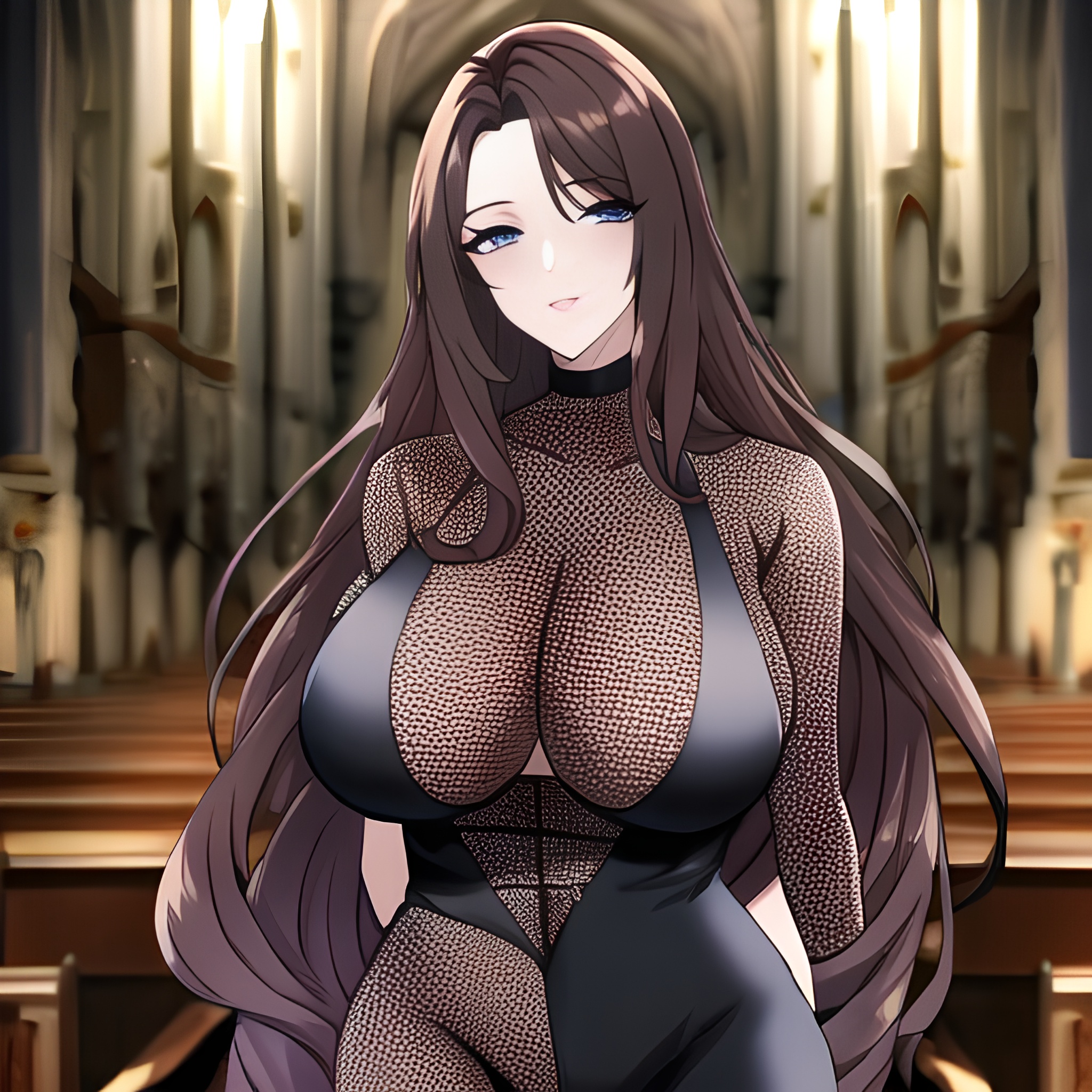 brunette church woman messy hair fishnet long hair 