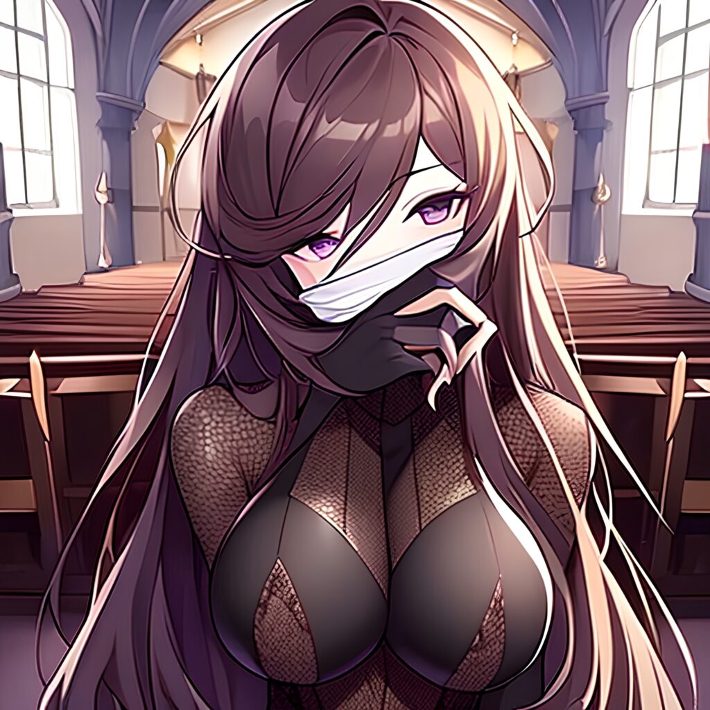 brunette church woman messy hair fishnet long hair