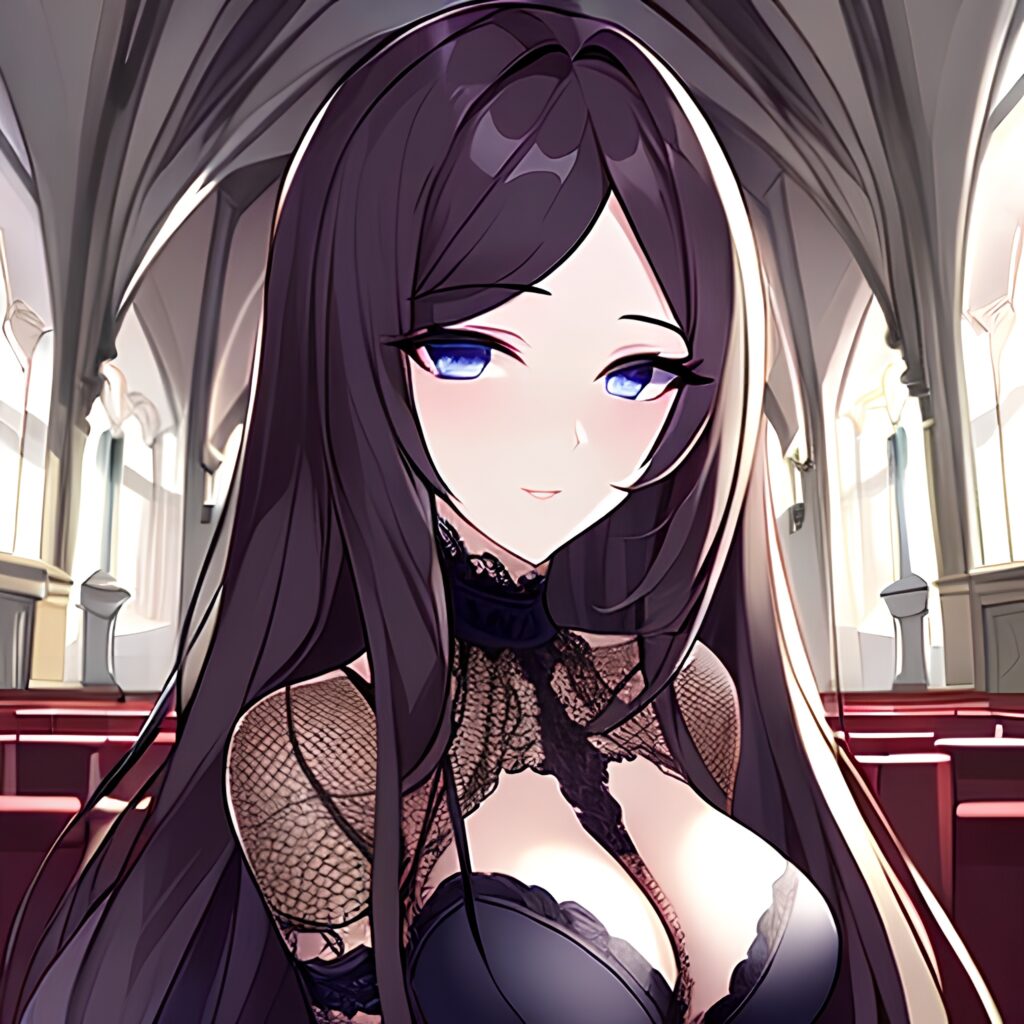 brunette church woman messy hair long hair fishnet 