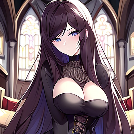 brunette church woman messy hair long hair fishnet 