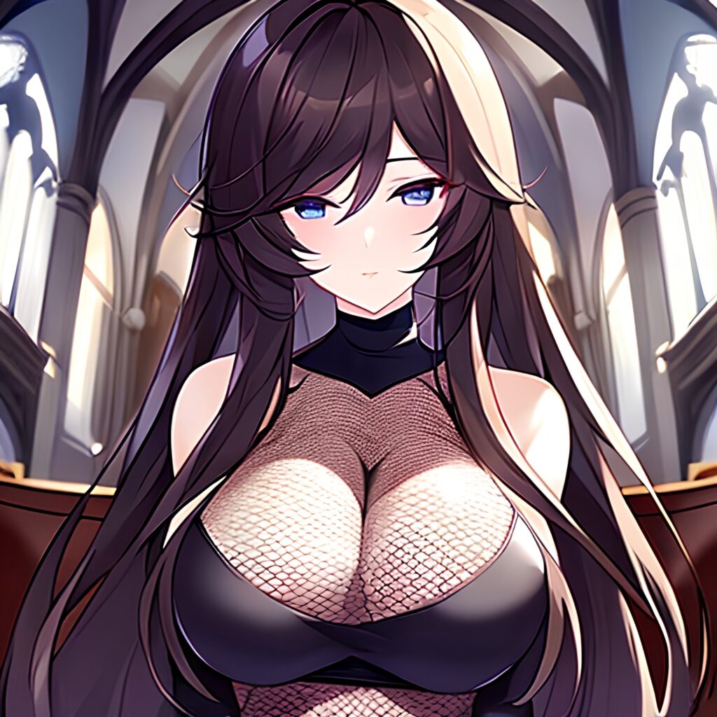 brunette church woman messy hair long hair fishnet 
