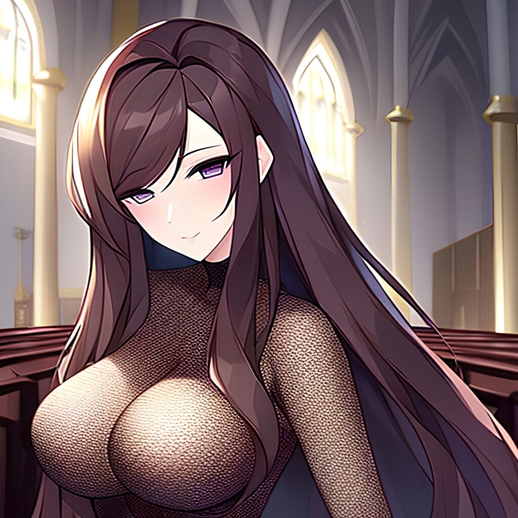 brunette fishnet church long hair messy hair woman