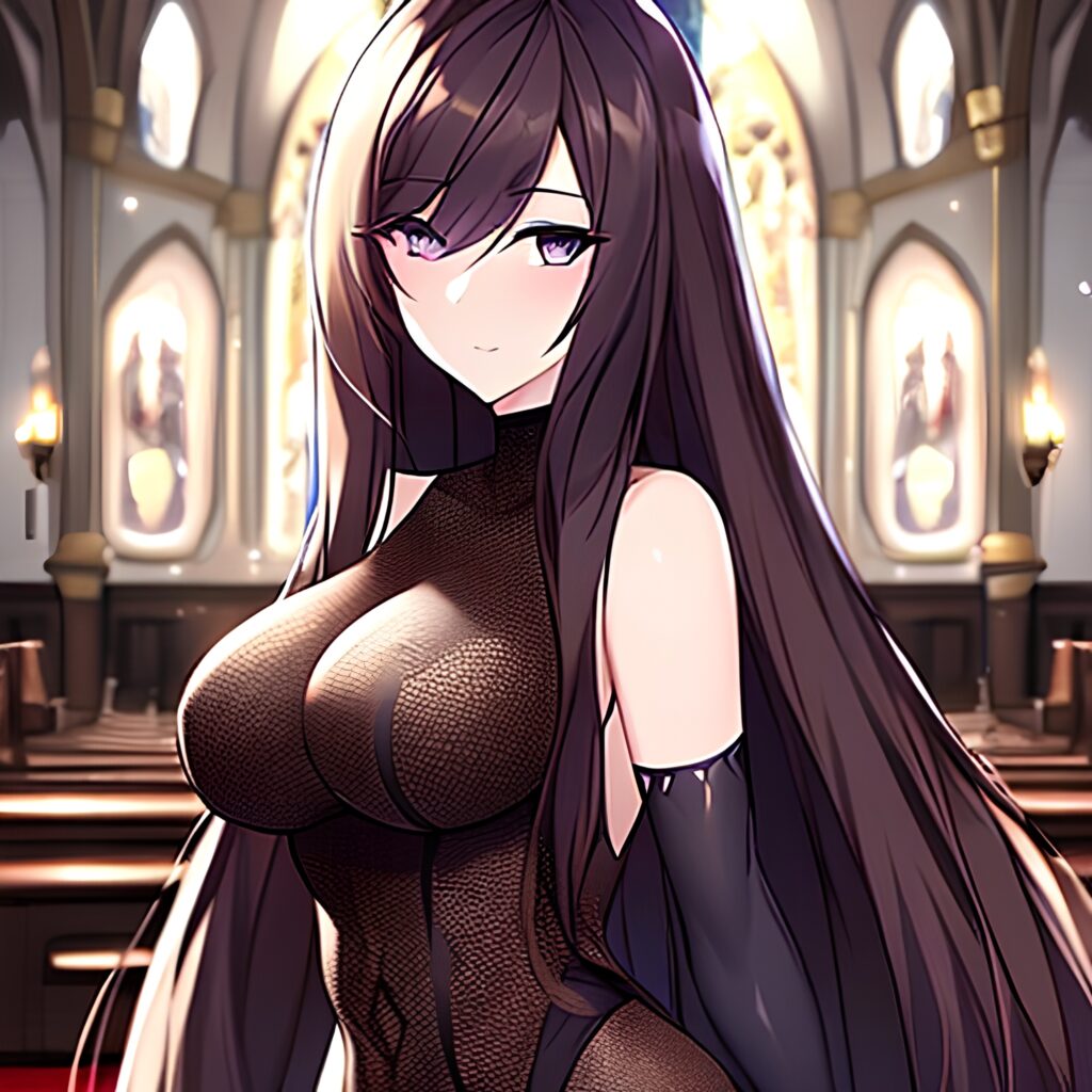 brunette fishnet church long hair messy hair woman