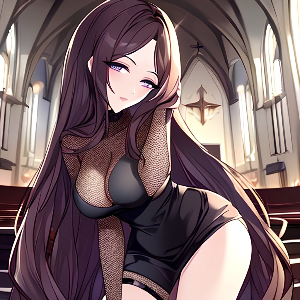 brunette fishnet church long hair messy hair woman 