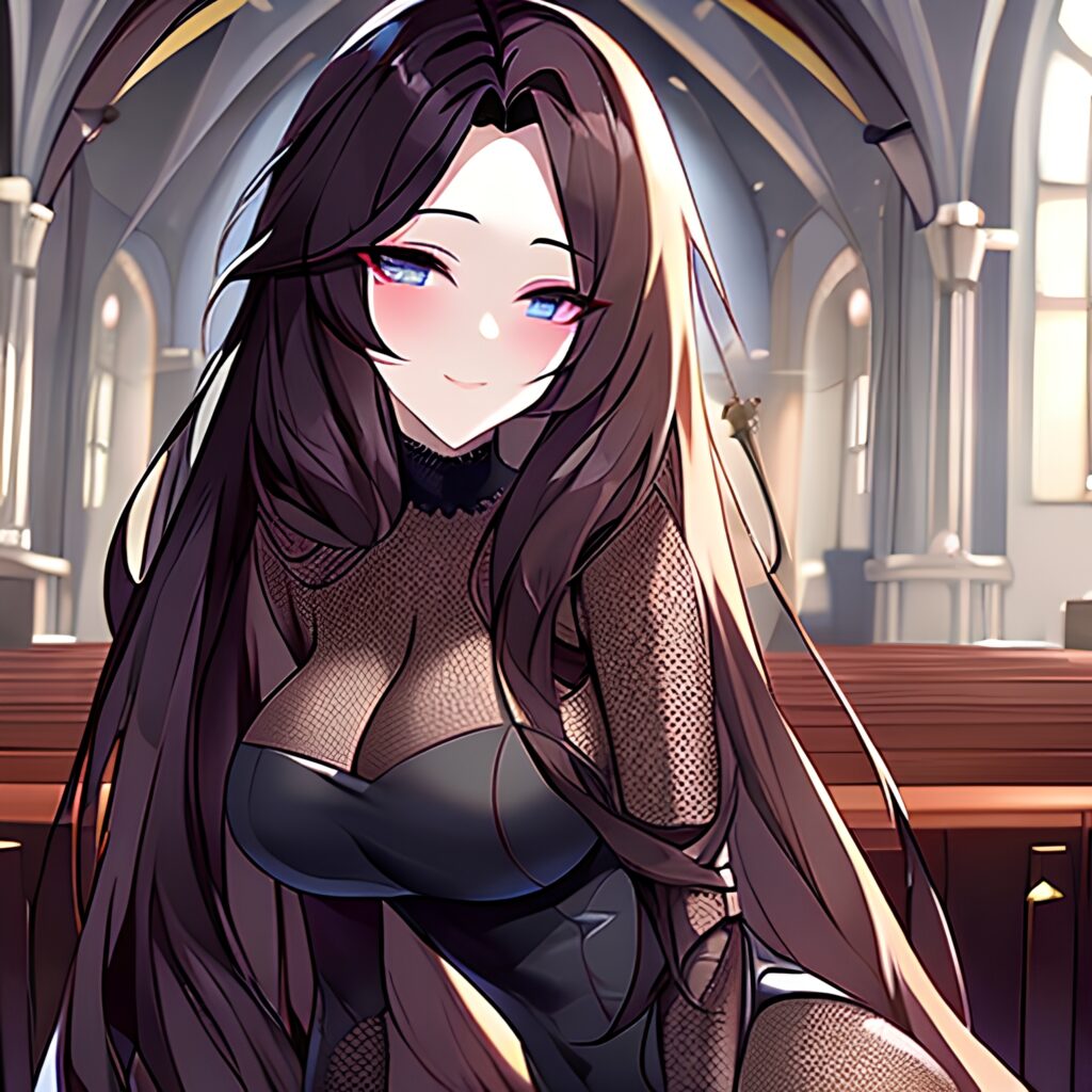 brunette fishnet church long hair messy hair woman