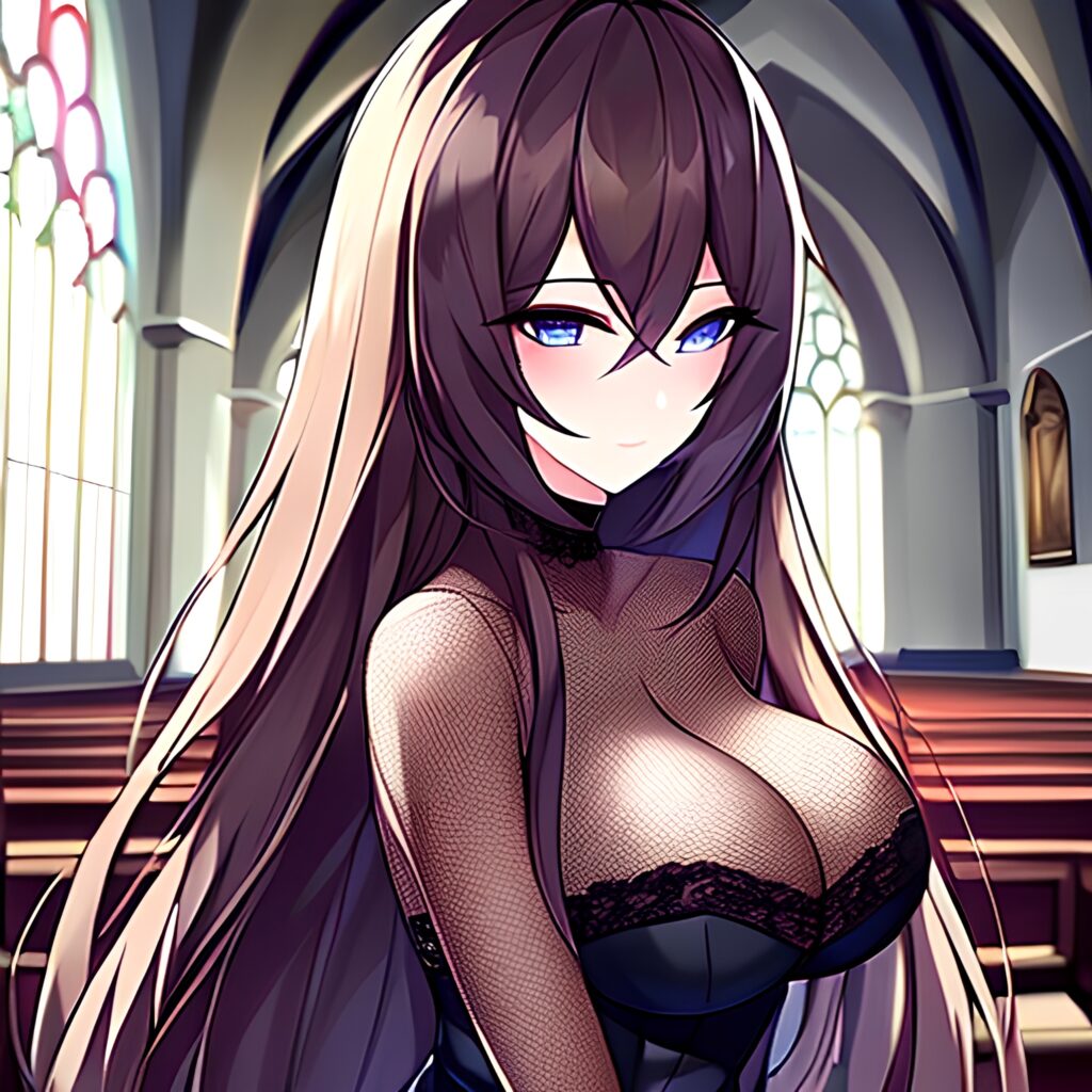 brunette fishnet church long hair woman messy hair 