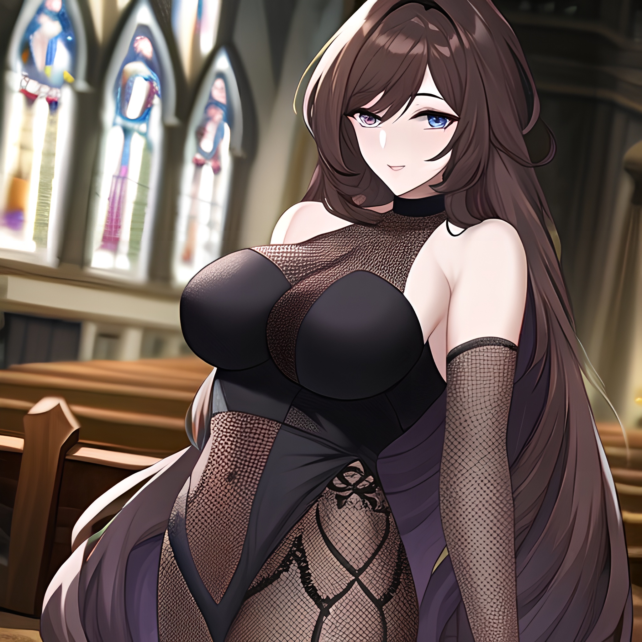 brunette fishnet church long hair woman messy hair 