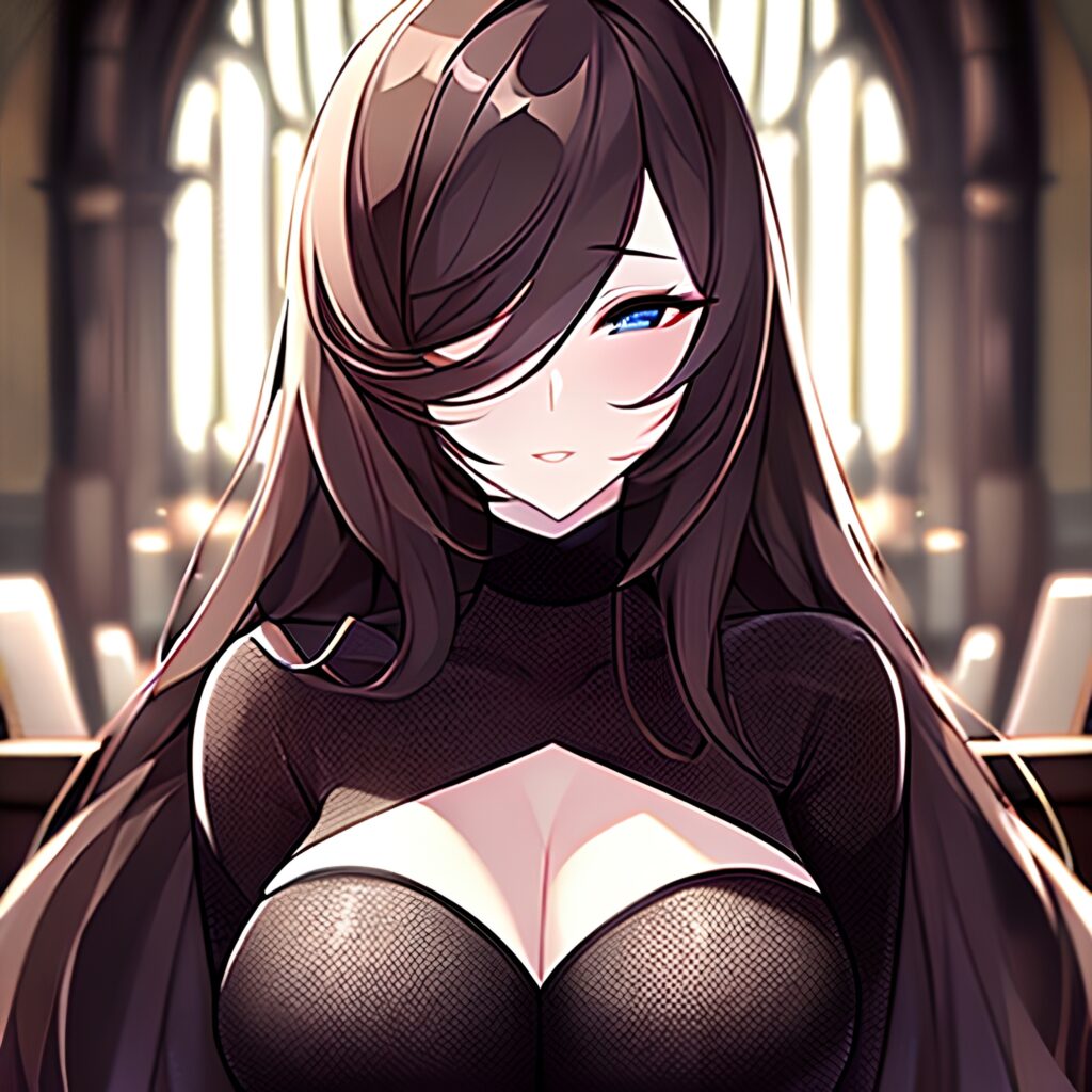 brunette fishnet church messy hair long hair woman