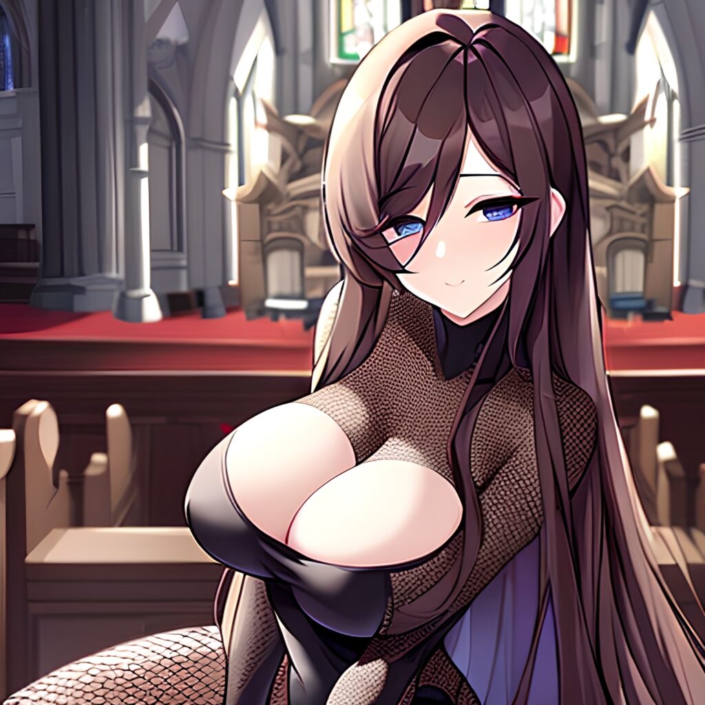 brunette fishnet church messy hair long hair woman