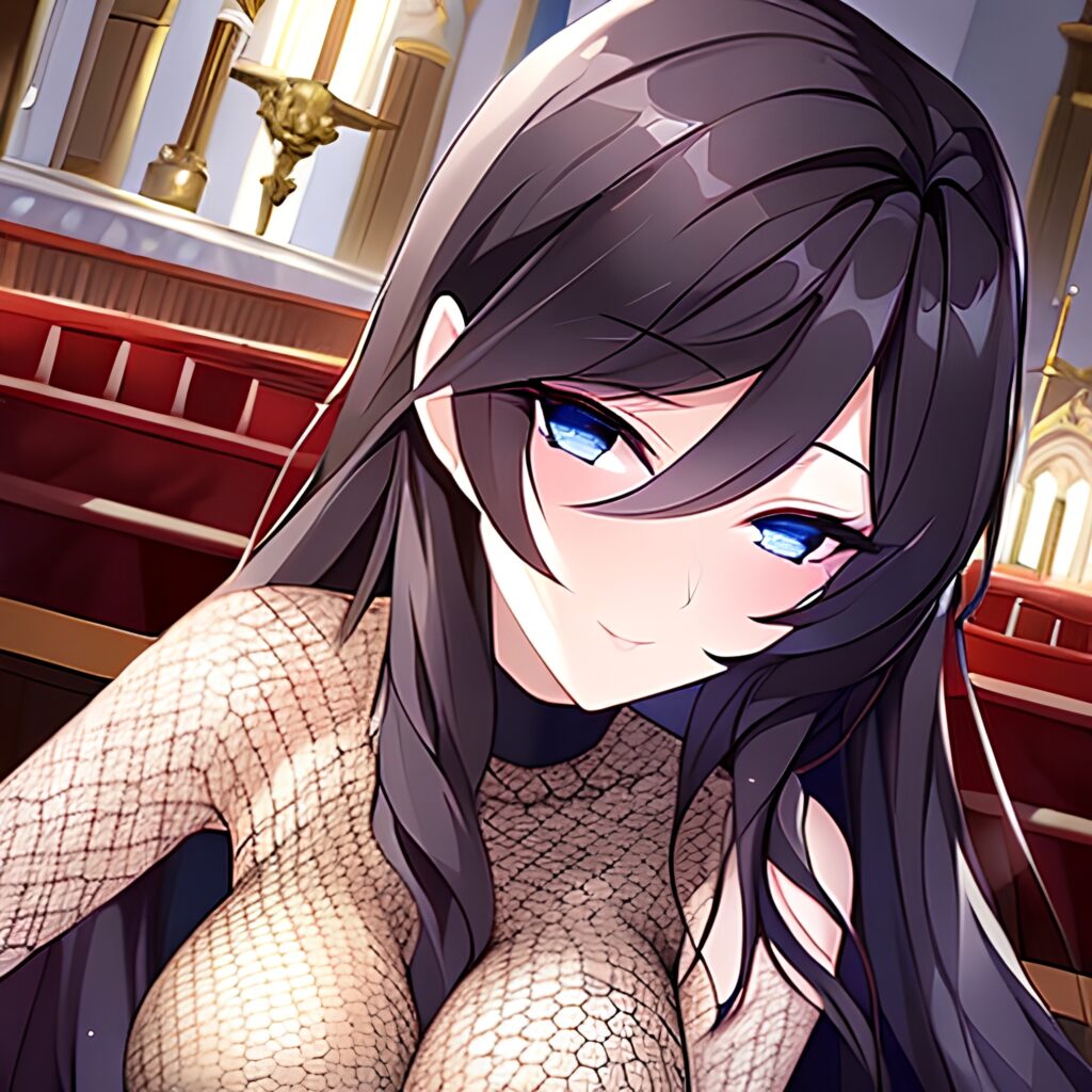 brunette fishnet church woman long hair messy hair