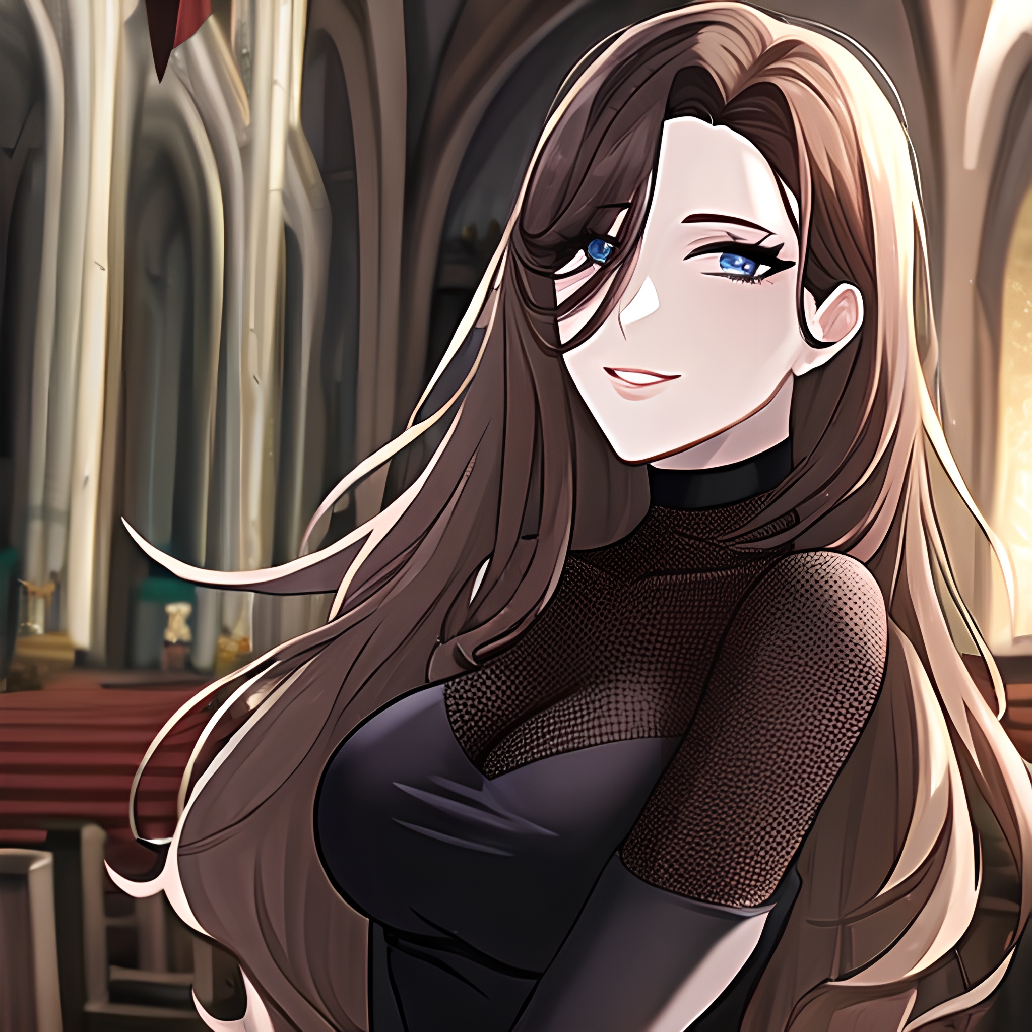 brunette fishnet church woman long hair messy hair