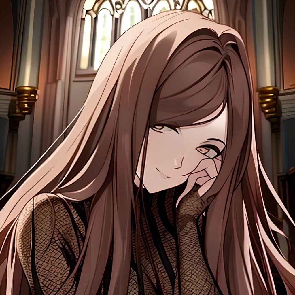 brunette fishnet church woman long hair messy hair