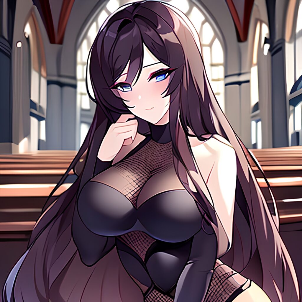 brunette fishnet church woman long hair messy hair