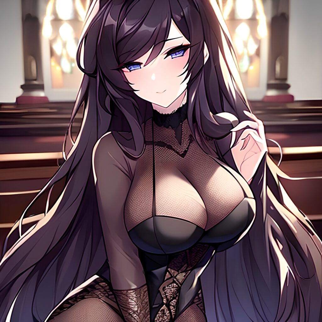 brunette fishnet church woman messy hair long hair 