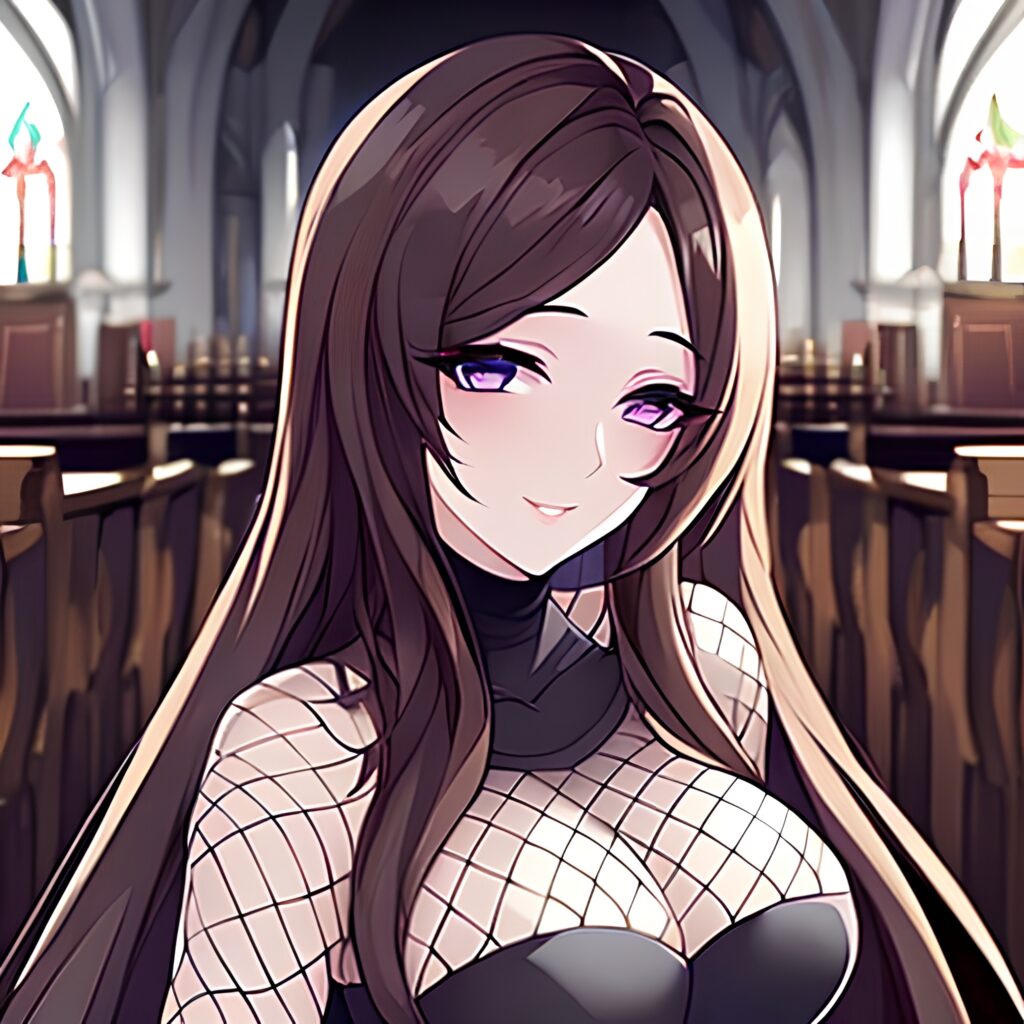 brunette fishnet church woman messy hair long hair
